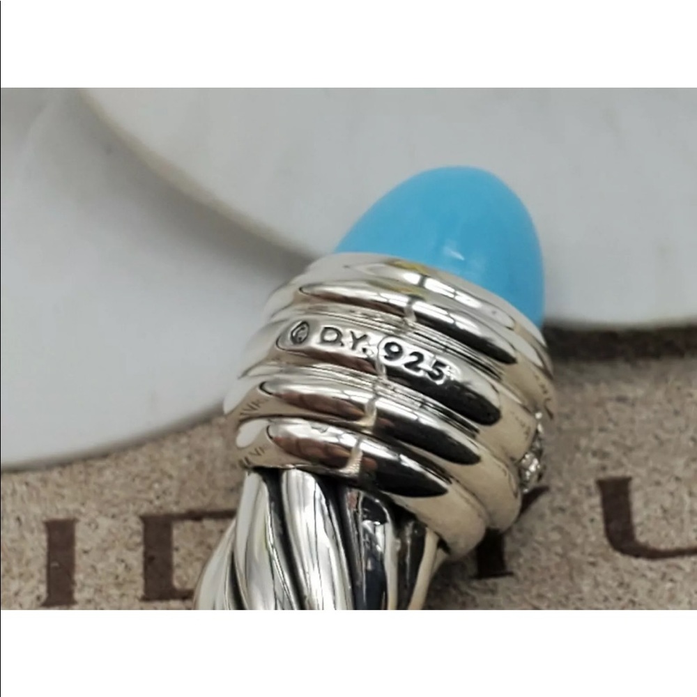David Yurman Silver Cable Cuff with Turquoise Blue Terminals and Pave Diamonds - Picture 6 of 8